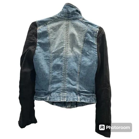 Armani A/X Denim Jacket, Black Cloth Sleeves, Zip Close Moto Fitted Denim Style