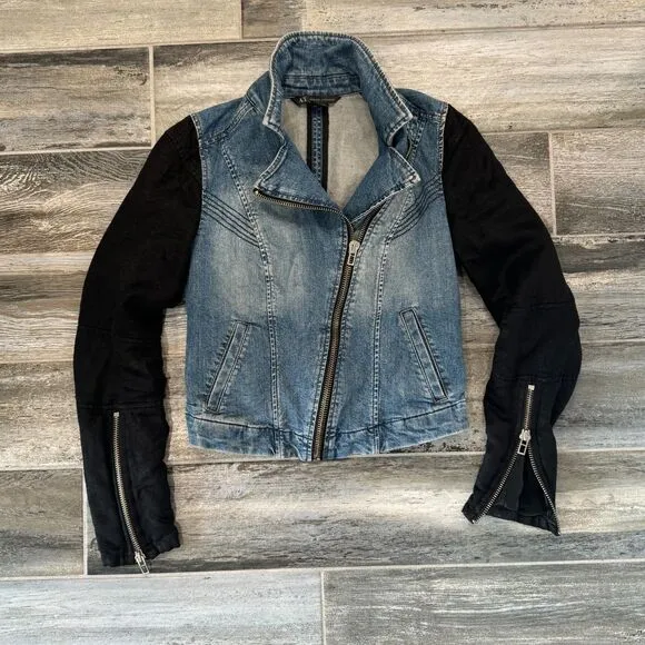 Armani A/X Denim Jacket, Black Cloth Sleeves, Zip Close Moto Fitted Denim Style