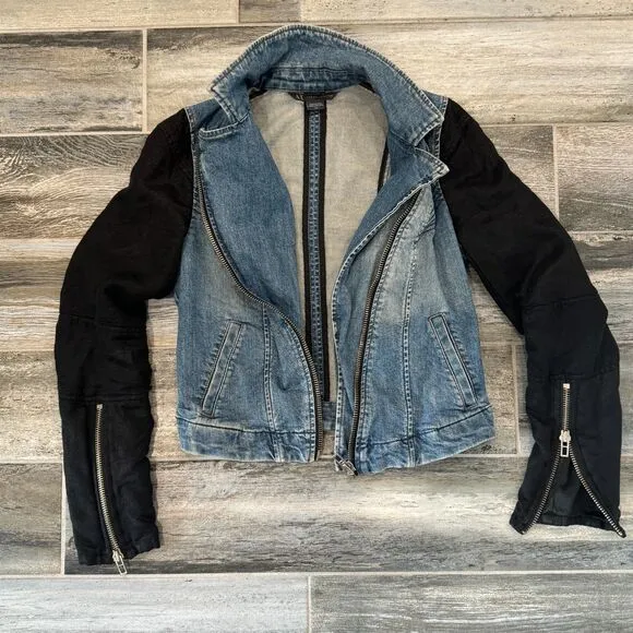 Armani A/X Denim Jacket, Black Cloth Sleeves, Zip Close Moto Fitted Denim Style