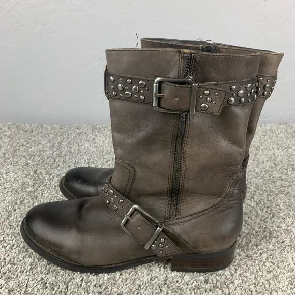 Arturo Chiang Boots Tall ankle Shaft Moto Studded Gray Buckle Side Zip Size 8.5