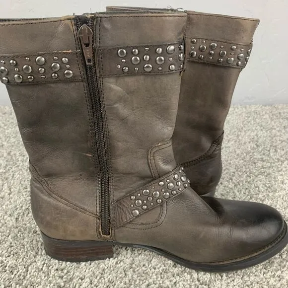 Arturo Chiang Boots Tall ankle Shaft Moto Studded Gray Buckle Side Zip Size 8.5