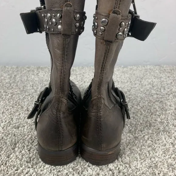 Arturo Chiang Boots Tall ankle Shaft Moto Studded Gray Buckle Side Zip Size 8.5
