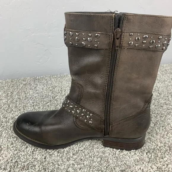 Arturo Chiang Boots Tall ankle Shaft Moto Studded Gray Buckle Side Zip Size 8.5