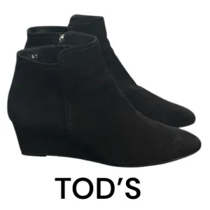 Authentic Tod’s designer black suede leather ankle wedge boots sz 11 Euro 41