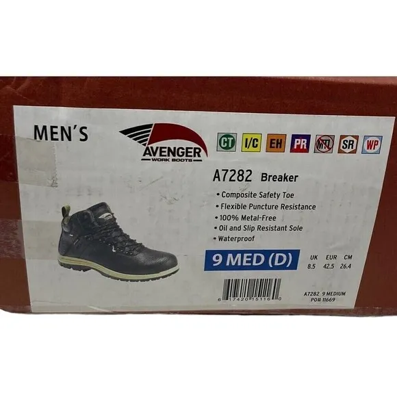 Avenger Breaker Safety Toe Work Boots Black Green Leather Men's 9 M NEW NIB