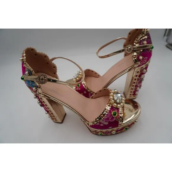Azalea Wang Cici Brocade Fabric Rhinestone Faux Pearl Embellished Platform Sz 11