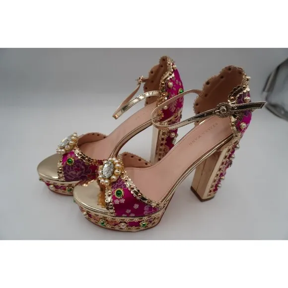 Azalea Wang Cici Brocade Fabric Rhinestone Faux Pearl Embellished Platform Sz 11