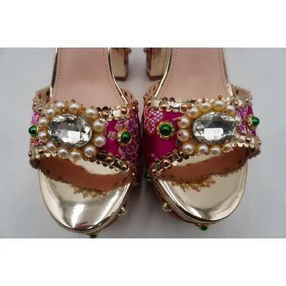 Azalea Wang Cici Brocade Fabric Rhinestone Faux Pearl Embellished Platform Sz 11