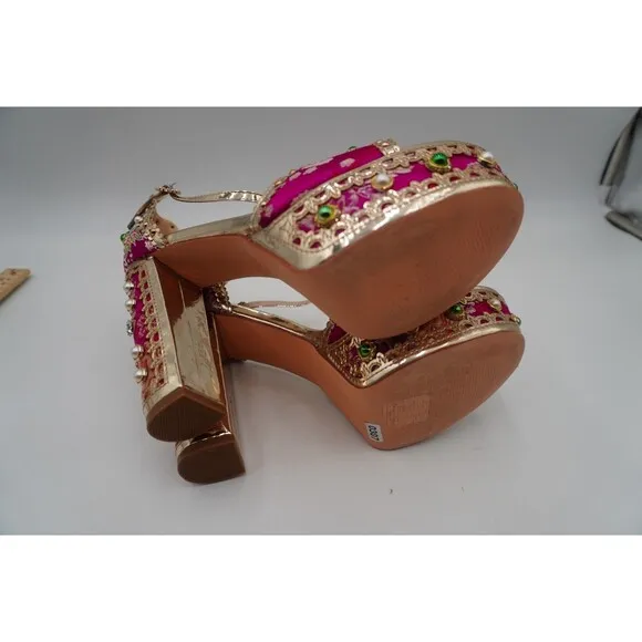 Azalea Wang Cici Brocade Fabric Rhinestone Faux Pearl Embellished Platform Sz 11