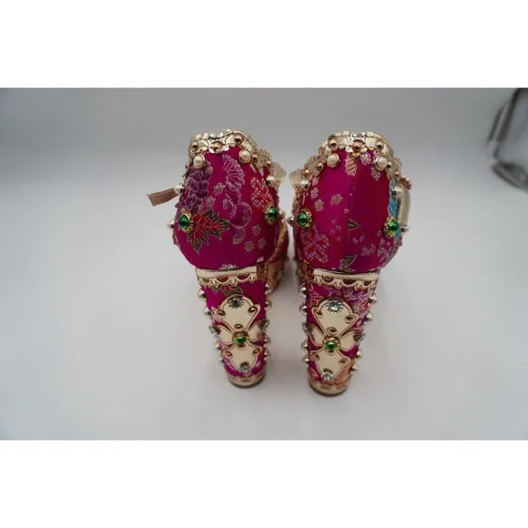 Azalea Wang Cici Brocade Fabric Rhinestone Faux Pearl Embellished Platform Sz 11