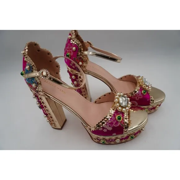 Azalea Wang Cici Brocade Fabric Rhinestone Faux Pearl Embellished Platform Sz 11