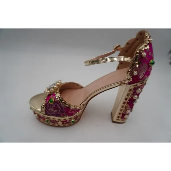 Azalea Wang Cici Brocade Fabric Rhinestone Faux Pearl Embellished Platform Sz 11