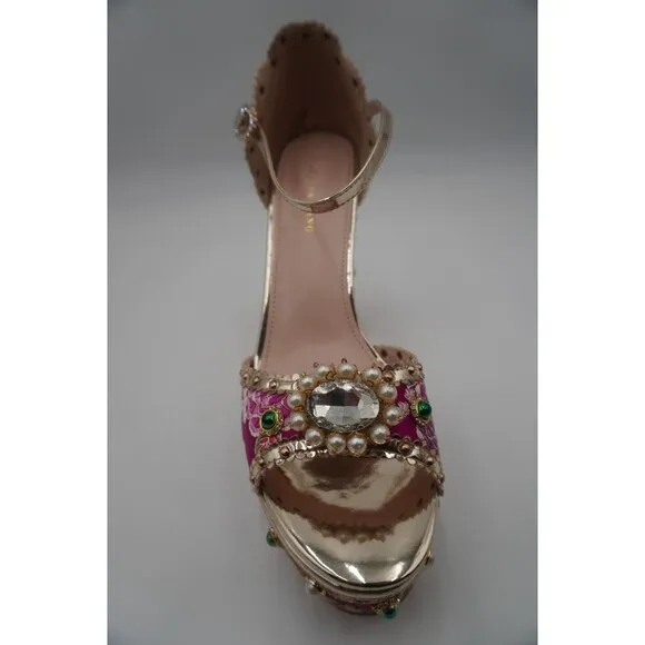 Azalea Wang Cici Brocade Fabric Rhinestone Faux Pearl Embellished Platform Sz 11