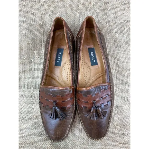 Bally Mens Marcello Made in Italy Brown Leather Tassel/Weave Loafers Size 8.5M