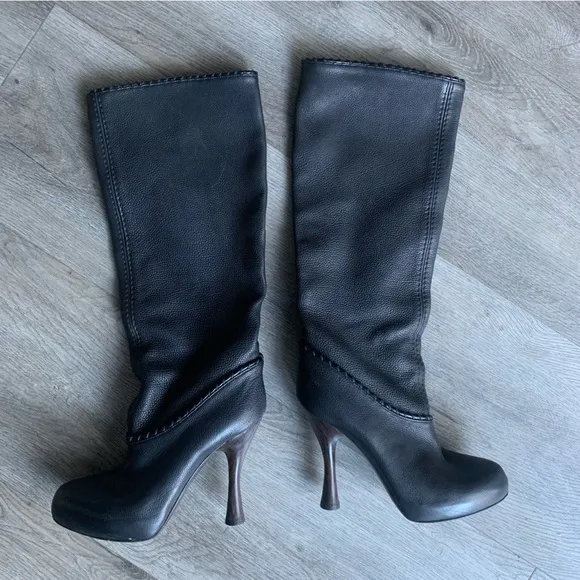 Bally Meraly Leather Tall Boots Wooden High Heels Red Lined Size 6.5 Italy Made