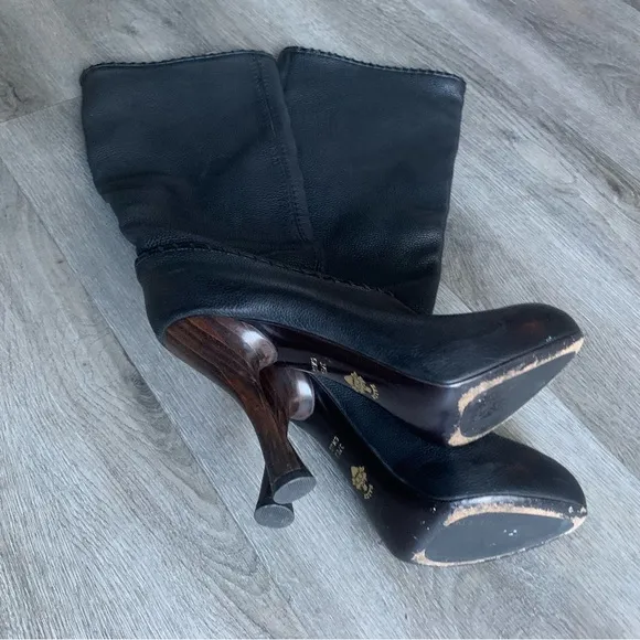 Bally Meraly Leather Tall Boots Wooden High Heels Red Lined Size 6.5 Italy Made