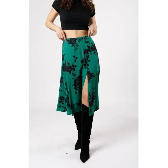 Band of the‎ Free Etta Emerald Floral Midi Skirt Green Black XS Front Slit NEW