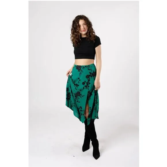 Band of the‎ Free Etta Emerald Floral Midi Skirt Green Black XS Front Slit NEW