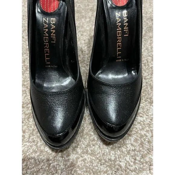Banfi Zambrelli Black Leather Patent Pump Shoes Slip On Slim Heel size 8.5