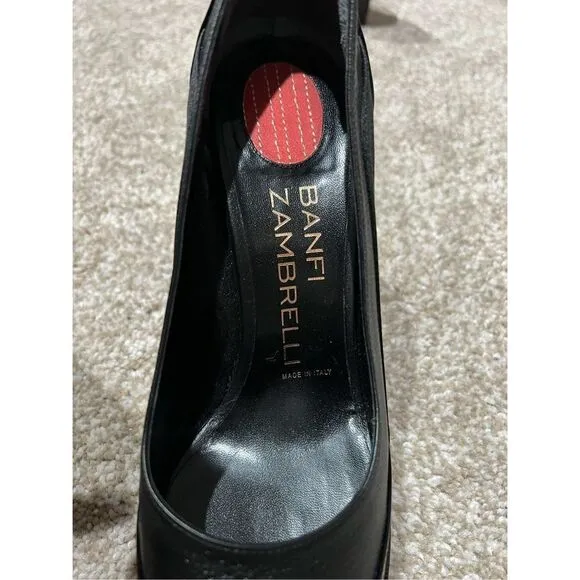 Banfi Zambrelli Black Leather Patent Pump Shoes Slip On Slim Heel size 8.5