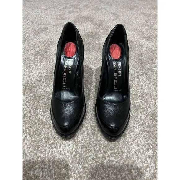 Banfi Zambrelli Black Leather Patent Pump Shoes Slip On Slim Heel size 8.5