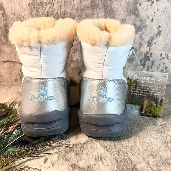 BearPaw NEW Kids sz 2 Shearling Winter Snow Boots White Silver Wool Lined NWT