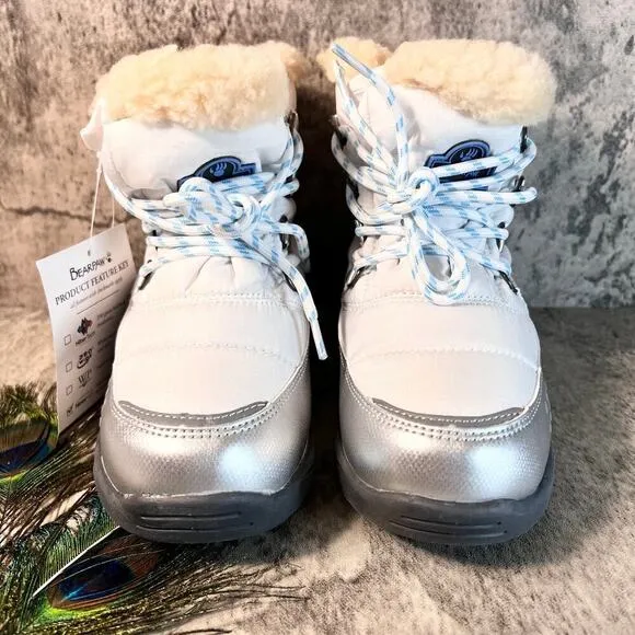 BearPaw NEW Kids sz 2 Shearling Winter Snow Boots White Silver Wool Lined NWT
