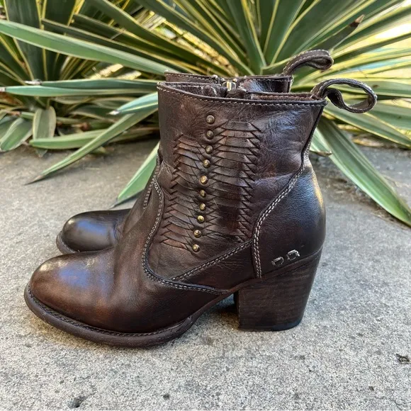 Bed Stu Distressed Brown Woven Rustic Leather Shrill Ankle Boots Size 6.5