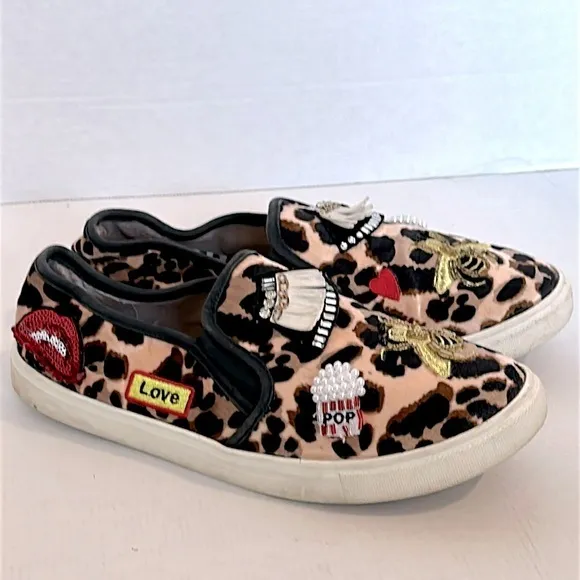 Betsey Johnson Coopers leopard suede like Embellished Slip on Black Sz 8.5
