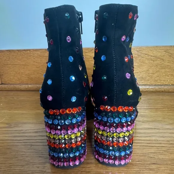 Betsey Johnson Kaydence Jeweled Ankle Boots Size 6 Chunky Block Heel Bling Fancy