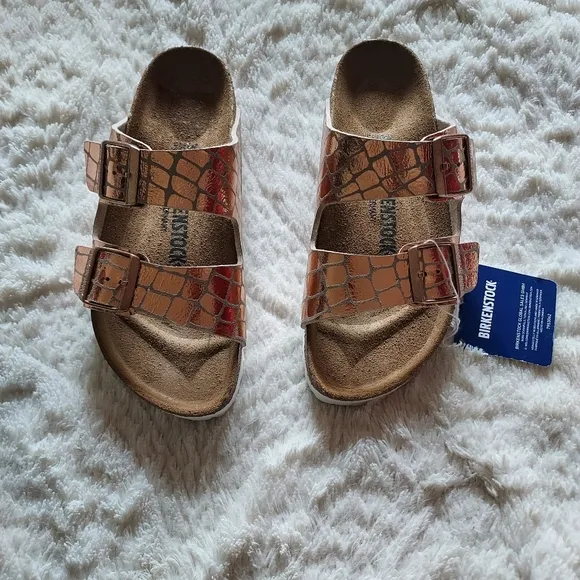 BIRKENSTOCK Arizona Gator Gleam Sandals Metallic Rose Gold NWT Sz-38/7