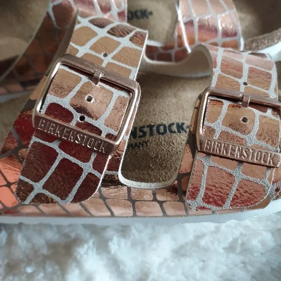 BIRKENSTOCK Arizona Gator Gleam Sandals Metallic Rose Gold NWT Sz-38/7