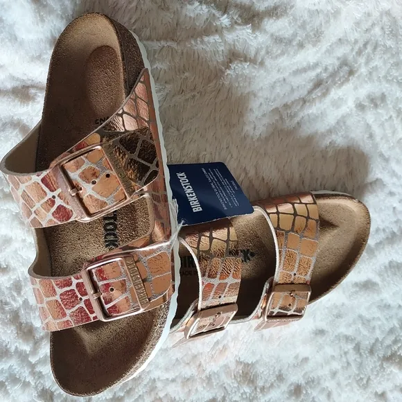 BIRKENSTOCK Arizona Gator Gleam Sandals Metallic Rose Gold NWT Sz-38/7