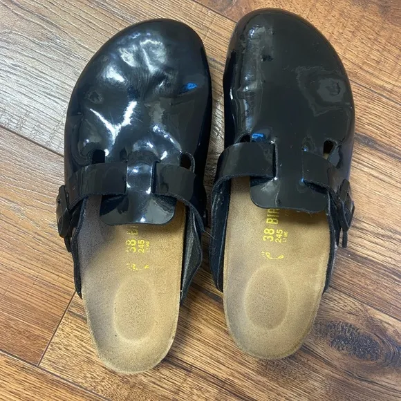 Birkenstock Boston Black Patent Lux Mule Slides Sandals Women's 38 US 7
