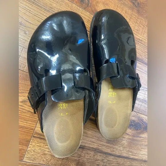 Birkenstock Boston Black Patent Lux Mule Slides Sandals Women's 38 US 7