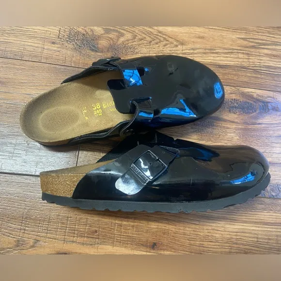 Birkenstock Boston Black Patent Lux Mule Slides Sandals Women's 38 US 7