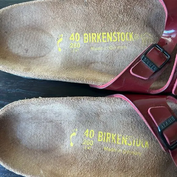 Birkenstock patent sandals maroon ladys 9, men’s 7
