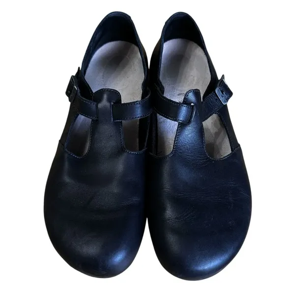 BIRKENSTOCK TICKEL Flat Strap Leather Shoes Black Mary Jane Clogs Slip On Sz 41L