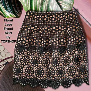 Black Floral Lace Fitted Skirt By TOPSHOP With Nude Lining‎
