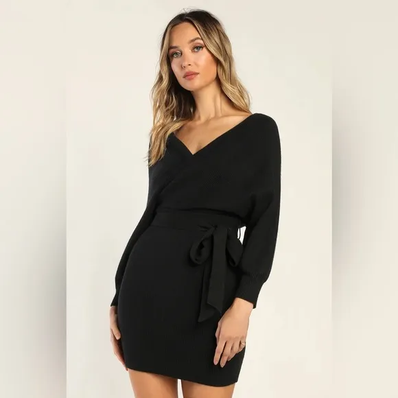 *BLACK FRIDAY SALE* Drinks After Work Black Surplice Mini Sweater Dress