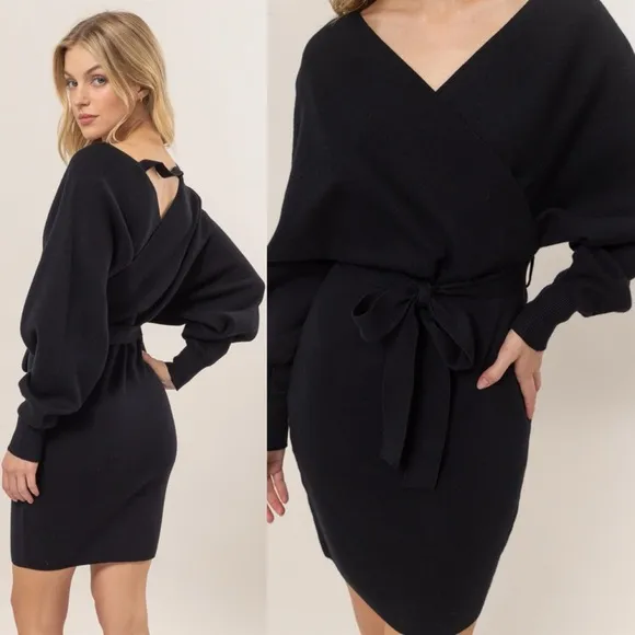 *BLACK FRIDAY SALE* Drinks After Work Black Surplice Mini Sweater Dress