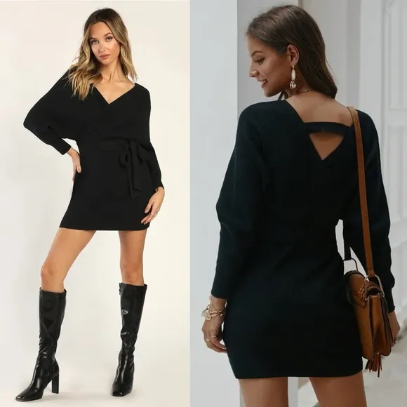 *BLACK FRIDAY SALE* Drinks After Work Black Surplice Mini Sweater Dress