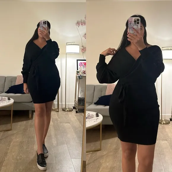 *BLACK FRIDAY SALE* Drinks After Work Black Surplice Mini Sweater Dress