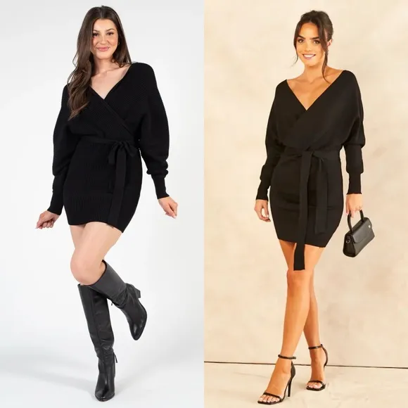 *BLACK FRIDAY SALE* Drinks After Work Black Surplice Mini Sweater Dress