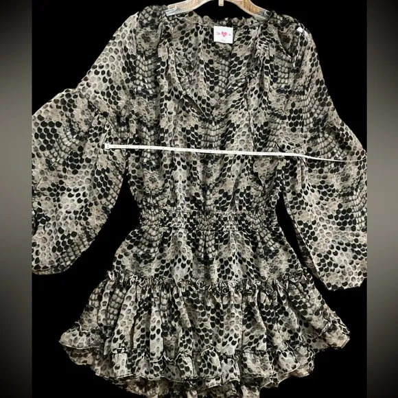 Black Grey Snakeskin Print Drop waist flounce Skirt flowy long sleeve dress XS