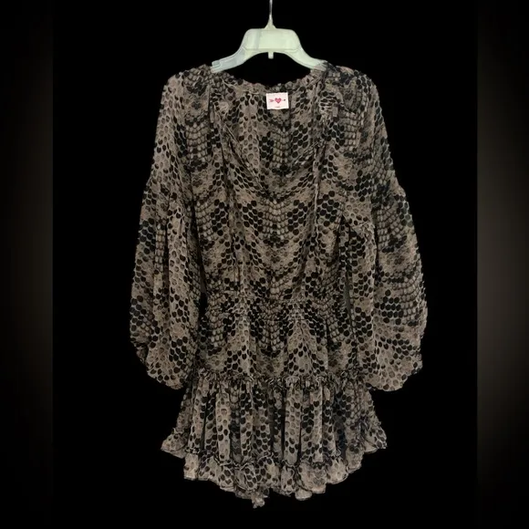 Black Grey Snakeskin Print Drop waist flounce Skirt flowy long sleeve dress XS