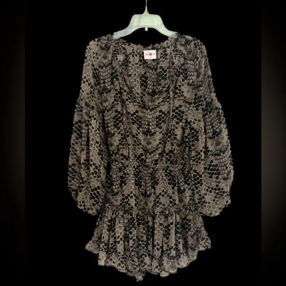 Black Grey Snakeskin Print Drop waist flounce Skirt flowy long sleeve dress XS