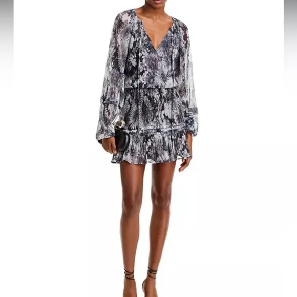Black Grey Snakeskin Print Drop waist flounce Skirt flowy long sleeve dress XS
