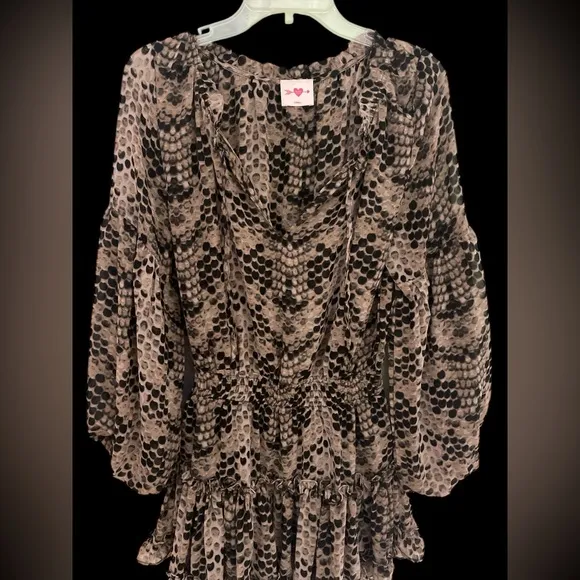 Black Grey Snakeskin Print Drop waist flounce Skirt flowy long sleeve dress XS