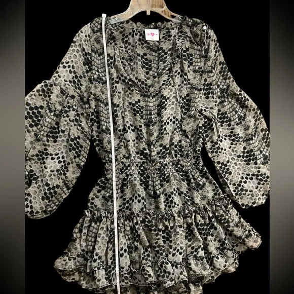 Black Grey Snakeskin Print Drop waist flounce Skirt flowy long sleeve dress XS